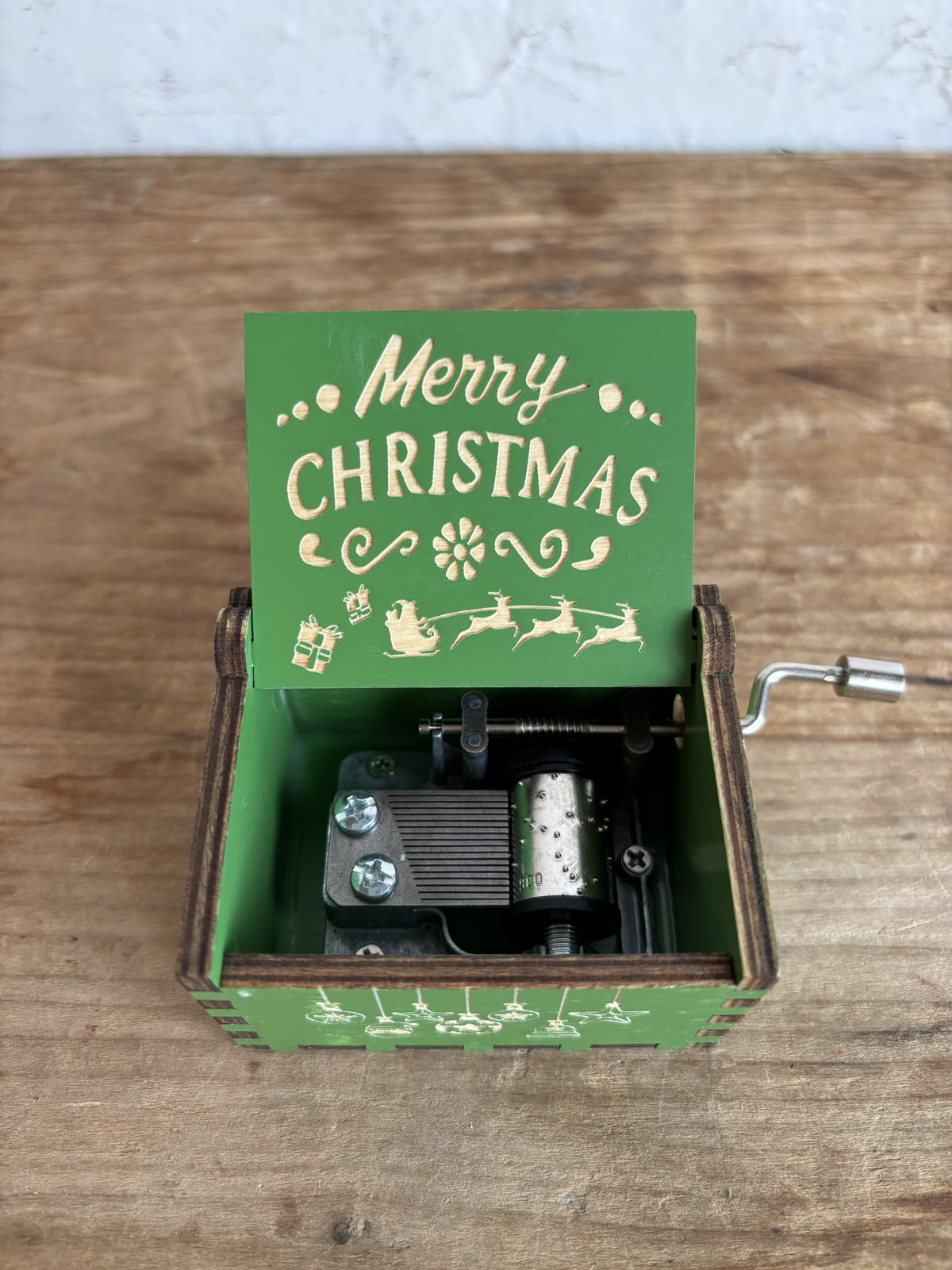 【個人宅配送不可】木製オルゴール 手巻き グリーン